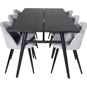 Sleek eethoek eetkamertafel uitschuifbare tafel lengte cm 195 / 280 zwart en 6 Velvet eetkamerstal fluweel lichtgrijs, zwart.