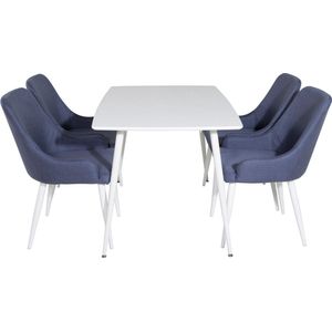 Polar120X80WHWH eethoek eetkamertafel wit en 4 Plaza eetkamerstal blauw, wit.