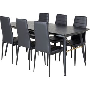 Gold eethoek eetkamertafel uitschuifbare tafel lengte cm 180 / 220 zwart en 6 Slim High Back eetkamerstal PU kunstleer zwart.