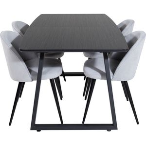 IncaBLBL eethoek eetkamertafel uitschuifbare tafel lengte cm 160 / 200 zwart en 4 Velvet eetkamerstal fluweel lichtgrijs, zwart.