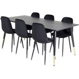 Dipp180x90BLBR eethoek eetkamertafel zwart en 6 Polar Diamond eetkamerstal velours zwart.