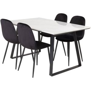 Estelle eethoek eetkamertafel marmer wit en 4 Polar eetkamerstal velours zwart.