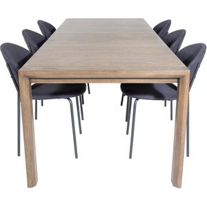 SliderOS eethoek eetkamertafel uitschuifbare tafel lengte cm 170 / 250 rokerig eik en 6 Vault eetkamerstal zwart.