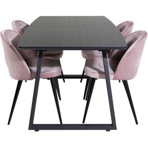 IncaBLBL eethoek eetkamertafel uitschuifbare tafel lengte cm 160 / 200 zwart en 4 Velvet eetkamerstal velours roze,
