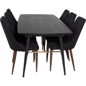 Gold eethoek eetkamertafel uitschuifbare tafel lengte cm 180 / 220 zwart en 6 Leone eetkamerstal zwart.