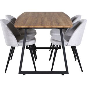 IncaNABL eethoek eetkamertafel uitschuifbare tafel lengte cm 160 / 200 el hout decor en 4 Velvet eetkamerstal lichtgrijs, zwart.