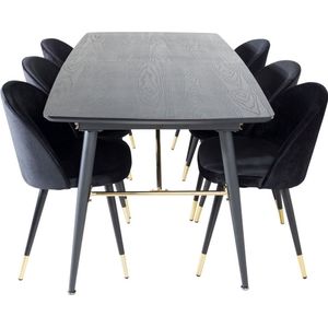 Gold eethoek eetkamertafel uitschuifbare tafel lengte cm 180 / 220 zwart en 6 Velvet eetkamerstal velours zwart, messing decor.