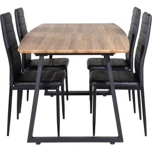 IncaNABL eethoek eetkamertafel uitschuifbare tafel lengte cm 160 / 200 el hout decor en 4 Slim High Back eetkamerstal PU kunstleer zwart.