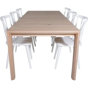 SliderWW eethoek eetkamertafel uitschuifbare tafel lengte cm 170 / 250 eik wit washeded en 6 Mariannelund eetkamerstal wit.