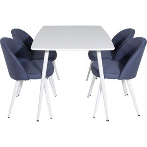 Polar120X80WHWH eethoek eetkamertafel wit en 4 Velvet eetkamerstal blauw.