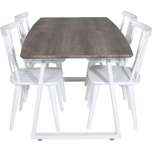 IncaNAWH eethoek eetkamertafel uitschuifbare tafel lengte cm 160 / 200 el hout decor grijs en 4 Mariannelund eetkamerstal wit.