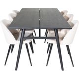 Sleek eethoek eetkamertafel uitschuifbare tafel lengte cm 195 / 280 zwart en 6 Velvet eetkamerstal velours beige, zwart.
