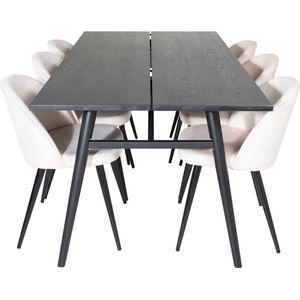 Sleek eethoek eetkamertafel uitschuifbare tafel lengte cm 195 / 280 zwart en 6 Velvet eetkamerstal velours beige, zwart.