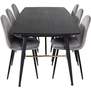 Gold eethoek eetkamertafel uitschuifbare tafel lengte cm 180 / 220 zwart en 6 Polar eetkamerstal velours grijs.