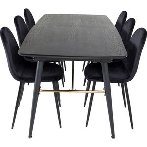 Gold eethoek eetkamertafel uitschuifbare tafel lengte cm 180 / 220 zwart en 6 Polar eetkamerstal velours zwart.