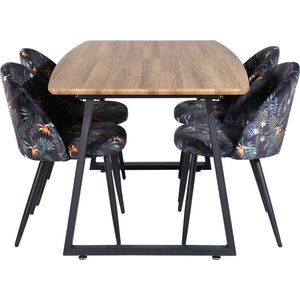 IncaNABL eethoek eetkamertafel uitschuifbare tafel lengte cm 160 / 200 el hout decor en 4 Velvet eetkamerstal velours gebloeid.