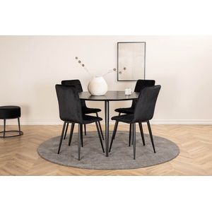 DippØ115BLBL eethoek eetkamertafel zwart en 4 Windu Lyx eetkamerstal velours zwart.