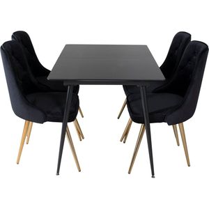 SilarBLExt eethoek eetkamertafel uitschuifbare tafel lengte cm 120 / 160 zwart en 4 Velvet Deluxe eetkamerstal velours zwart, messing decor.