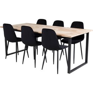 CirebonBL eethoek eetkamertafel teakhout en 6 Polar Diamond eetkamerstal velours zwart.