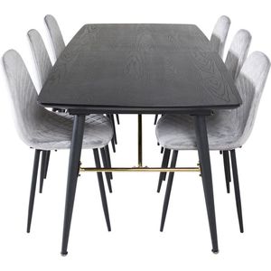 Gold eethoek eetkamertafel uitschuifbare tafel lengte cm 180 / 220 zwart en 6 Polar Diamond eetkamerstal velours grijs.