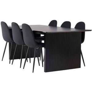 Vail eethoek tafel zwart en 6 Polar stoelen zwart.