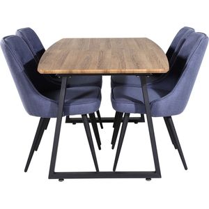 IncaNABL eethoek eetkamertafel uitschuifbare tafel lengte cm 160 / 200 el hout decor en 4 Velvet Deluxe eetkamerstal blauw, zwart.