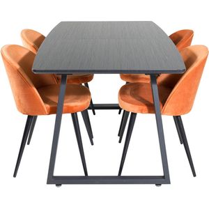 IncaBLBL eethoek eetkamertafel uitschuifbare tafel lengte cm 160 / 200 zwart en 4 Velvet eetkamerstal velours oranje, zwart.