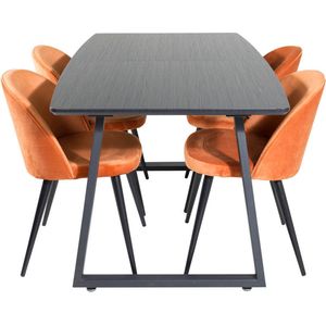 IncaBLBL eethoek eetkamertafel uitschuifbare tafel lengte cm 160 / 200 zwart en 4 Velvet eetkamerstal velours oranje,