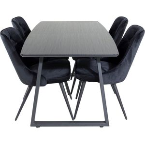 IncaBLBL eethoek eetkamertafel uitschuifbare tafel lengte cm 160 / 200 zwart en 4 Velvet Deluxe eetkamerstal velours zwart.