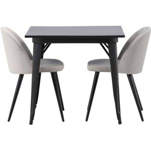 Tempe eethoek tafel zwart en 2 Velvet stoelen grijs.