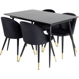 SilarBLExt eethoek eetkamertafel uitschuifbare tafel lengte cm 120 / 160 zwart en 4 Velvet eetkamerstal velours zwart, messing decor.