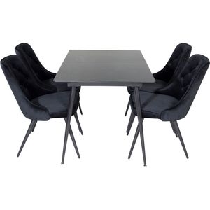 SilarBLExt eethoek eetkamertafel uitschuifbare tafel lengte cm 120 / 160 zwart en 4 Velvet Deluxe eetkamerstal velours zwart.