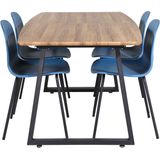 IncaNABL eethoek eetkamertafel uitschuifbare tafel lengte cm 160 / 200 el hout decor en 4 Arctic eetkamerstal blauw, zwart.