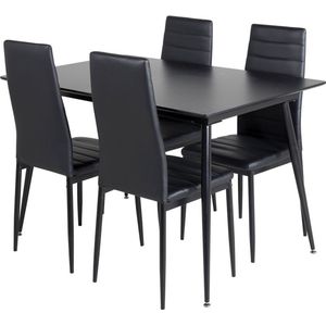 SilarBLExt eethoek eetkamertafel uitschuifbare tafel lengte cm 120 / 160 zwart en 4 Slim High Back eetkamerstal PU kunstleer zwart.