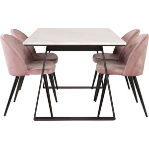 Estelle eethoek eetkamertafel marmer wit en 4 Velvet eetkamerstal velours roze, zwart.