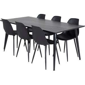 Dipp180x90BLBL eethoek eetkamertafel zwart en 6 Polar eetkamerstal zwart.