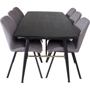 Gold eethoek eetkamertafel uitschuifbare tafel lengte cm 180 / 220 zwart en 6 Gemma eetkamerstal grijs.