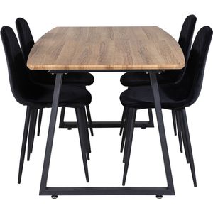 IncaNABL eethoek eetkamertafel uitschuifbare tafel lengte cm 160 / 200 el hout decor en 4 Polar Diamond eetkamerstal velours zwart.