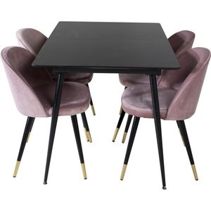 SilarBLExt eethoek eetkamertafel uitschuifbare tafel lengte cm 120 / 160 zwart en 4 Velvet eetkamerstal velours roze,