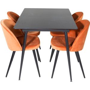 SilarBLExt eethoek eetkamertafel uitschuifbare tafel lengte cm 120 / 160 zwart en 4 Velvet eetkamerstal velours oranje, zwart.