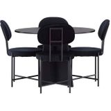 Bootcut eethoek tafel zwart en 4 Stella stoelen zwart.