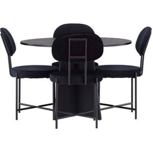 Bootcut eethoek tafel zwart en 4 Stella stoelen zwart.