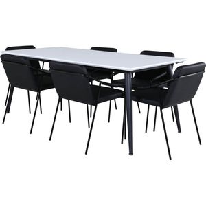 Jimmy195 eethoek eetkamertafel uitschuifbare tafel lengte cm 195 / 285 wit en 6 Tvist eetkamerstal PU kunstleer zwart.