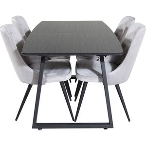 IncaBLBL eethoek eetkamertafel uitschuifbare tafel lengte cm 160 / 200 zwart en 4 Velvet Deluxe eetkamerstal velours lichtgrijs.