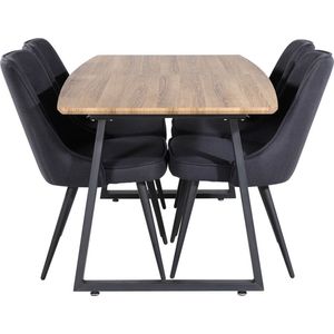 IncaNABL eethoek eetkamertafel uitschuifbare tafel lengte cm 160 / 200 el hout decor en 4 Velvet Deluxe eetkamerstal zwart.