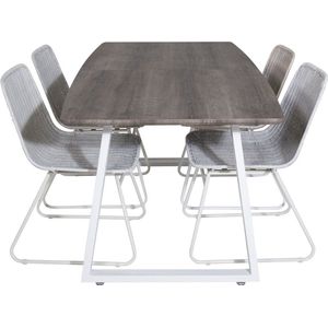 IncaNAWH eethoek eetkamertafel uitschuifbare tafel lengte cm 160 / 200 el hout decor grijs en 4 Cirebon eetkamerstal rotan whitewash.