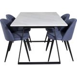 Estelle eethoek eetkamertafel marmer wit en 4 Velvet eetkamerstal blauw.