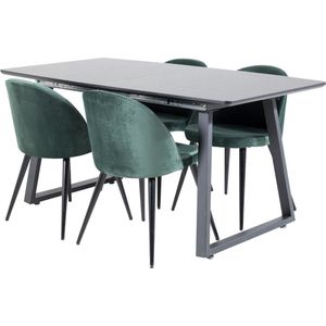 IncaBLBL eethoek eetkamertafel udtræksbord længde cm 160 / 200 zwart en 4 Velvet eetkamerstal velours groente, zwart.