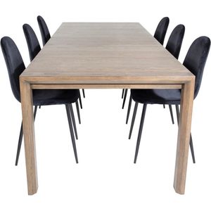 SliderOS eethoek eetkamertafel uitschuifbare tafel lengte cm 170 / 250 rokerig eik en 6 Polar eetkamerstal velours zwart.