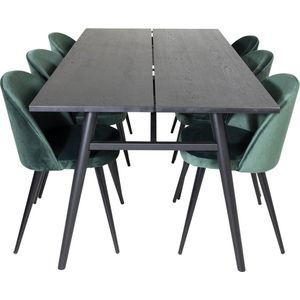 Sleek eethoek eetkamertafel uitschuifbare tafel lengte cm 195 / 280 zwart en 6 Velvet eetkamerstal velours groente, zwart.